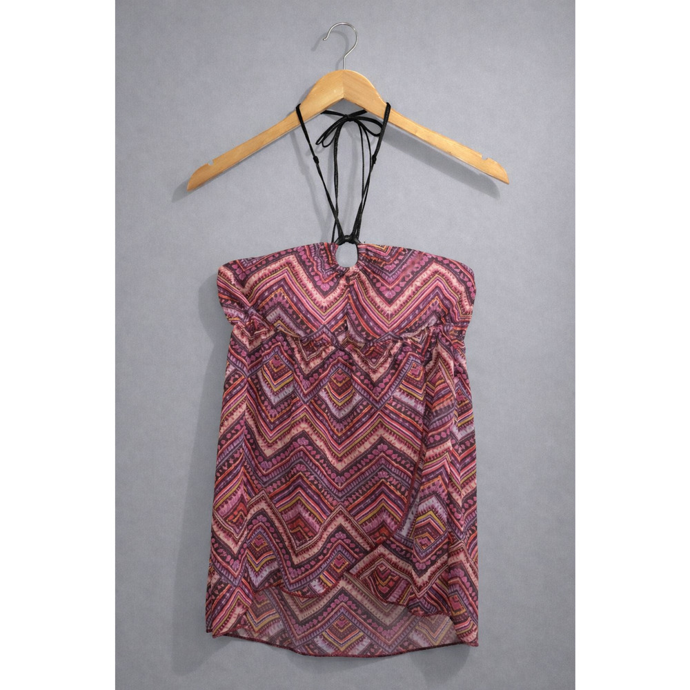 Pink Geometric Halter Babydoll Top Brown Tie Boho Summer VTG‑Style Sz L 11‑13